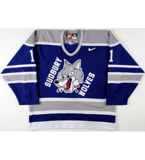 Custom OHL Sudbury Wolves 2001 02 11 Jeff Shaw Hockey Jersey Away Blue